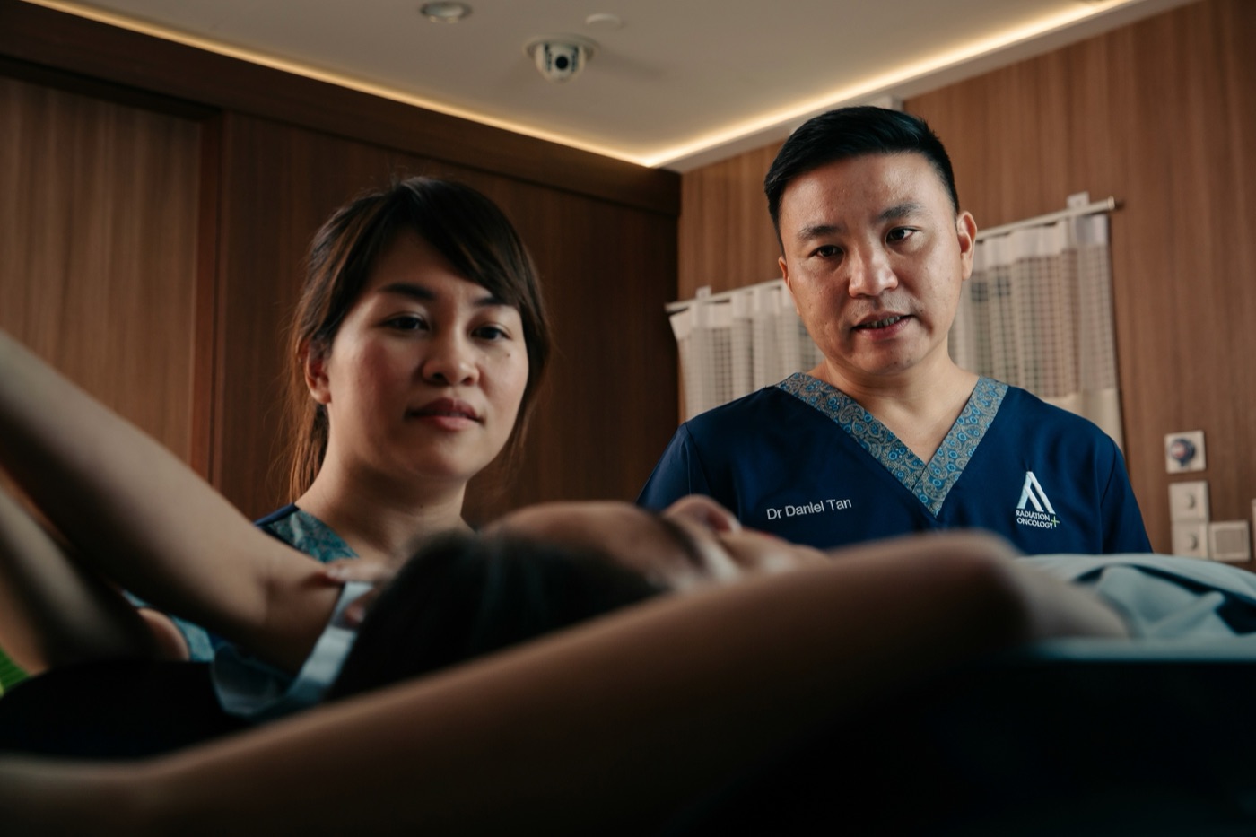 Patient being positioned for prostate radiotherapy